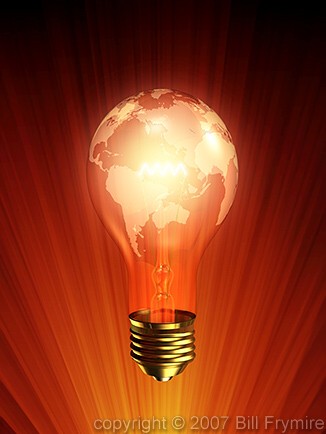 world map on lightbulb