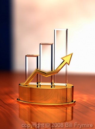 3D trophy with bar chart and rising line graph