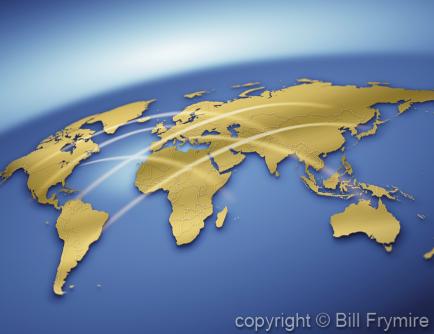 blue and gold world map with connections 